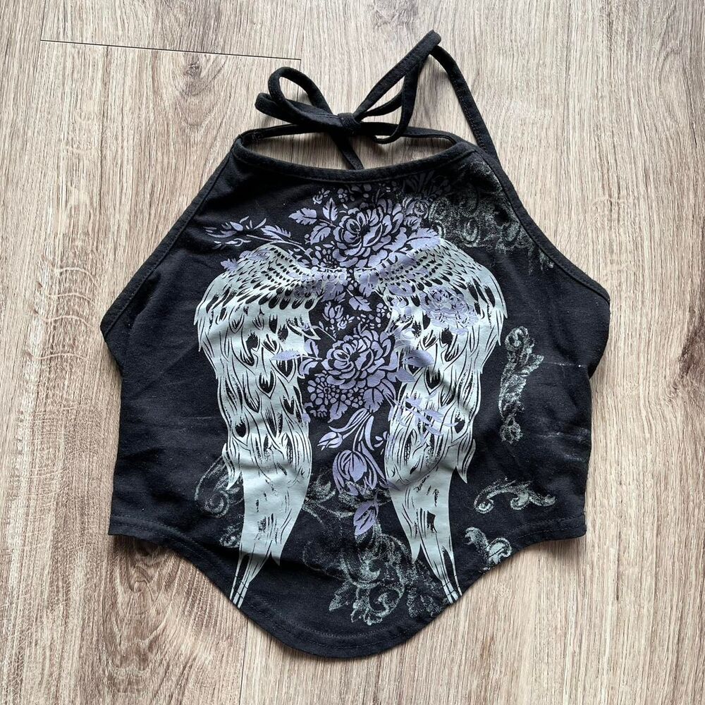 Romwe Women's Black halter top with purple and white angel wings roses size S